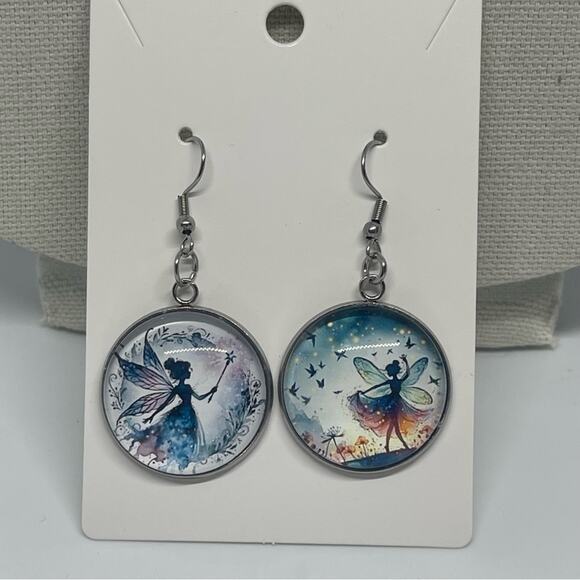 Hand Crafted Blue Black Silver Fairy Pendant Necklace & Earring Set NWT OS - Picture 2 of 6